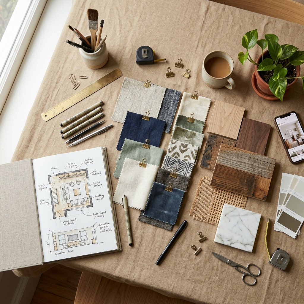 Mood board and drawings at Pushpa Interiors studio